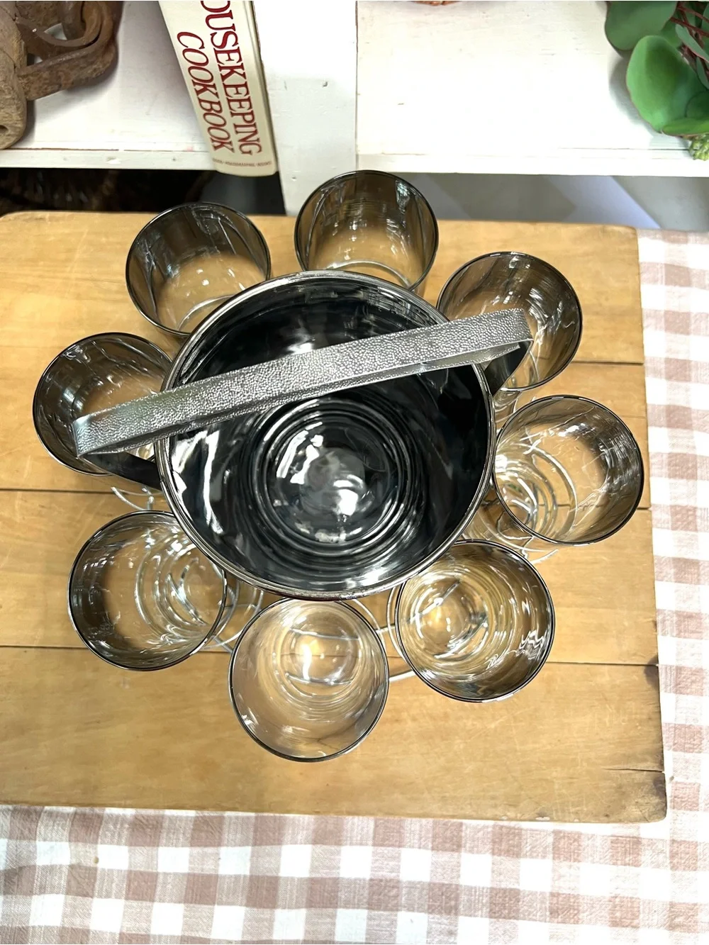 Vintage barware ice bucket glass highball tumblers caddy silver mid century
